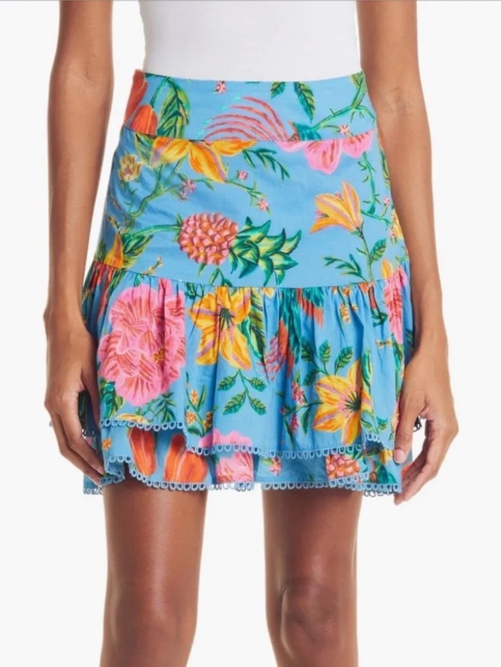 Farm Rio Blue Tropical Toucan Garden Tiered Floral Mini Skirt LARGE